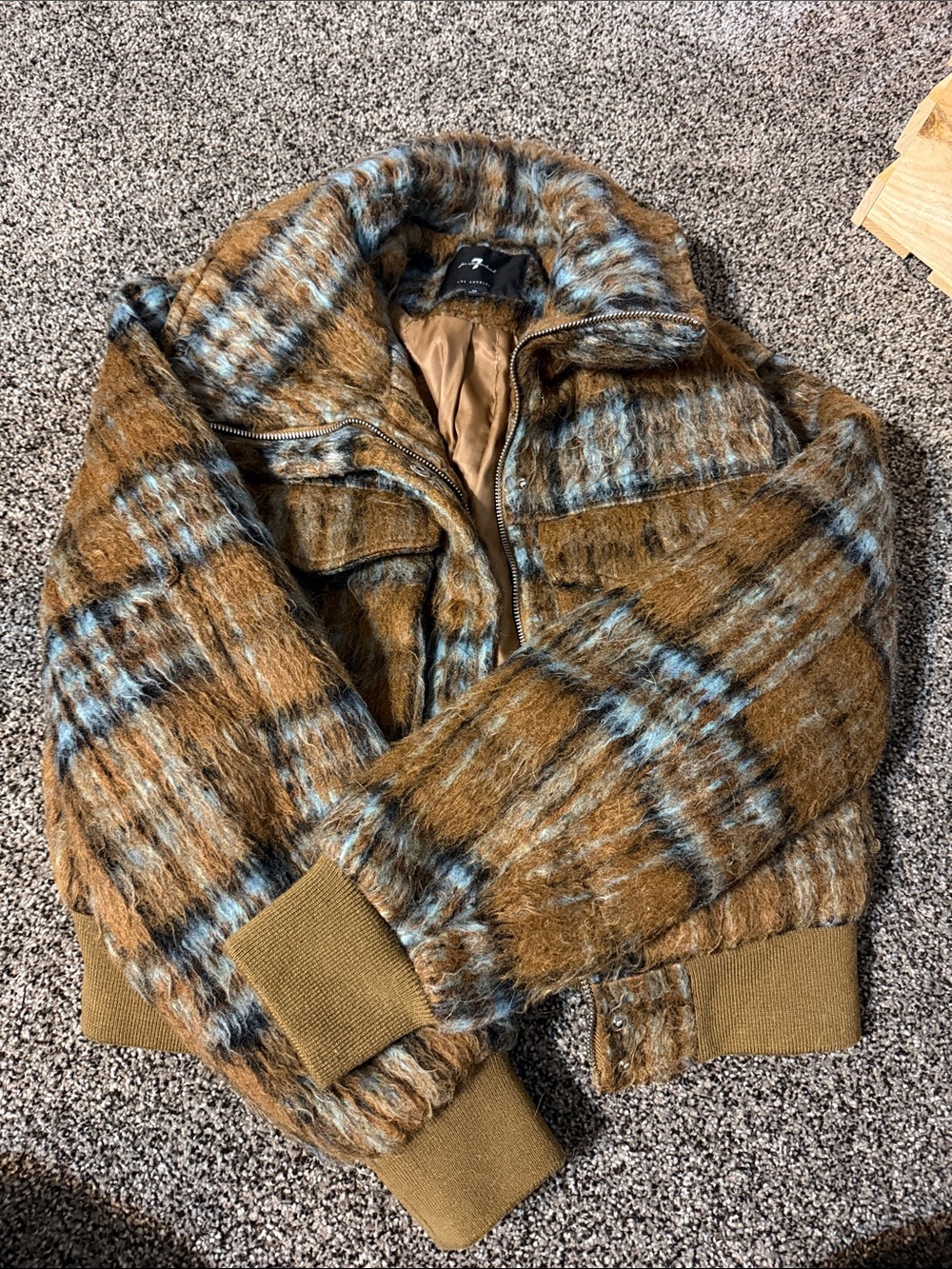 7 For All Mankind Plaid Bomber Jacket in Brown and Blue